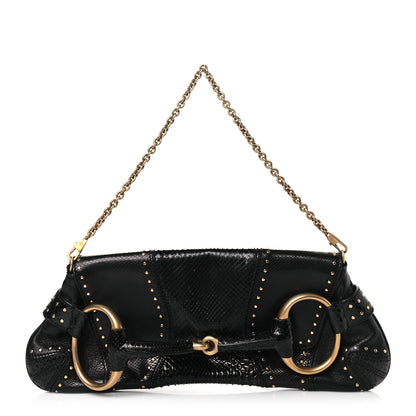 Gucci Snakeskin Studded Horsebit Chain Clutch Black 1 of 9