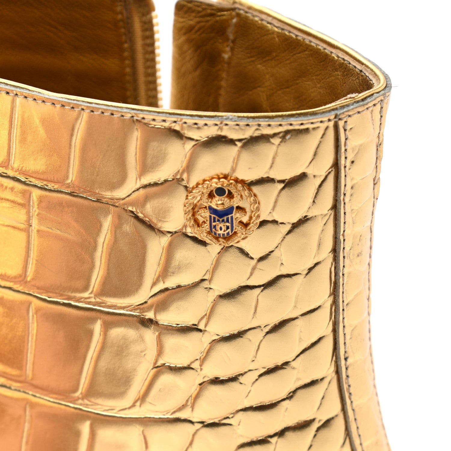 Chanel Calfskin Crocodile Embossed Cap Toe Ankle Boots 37 Gold 9 of 15