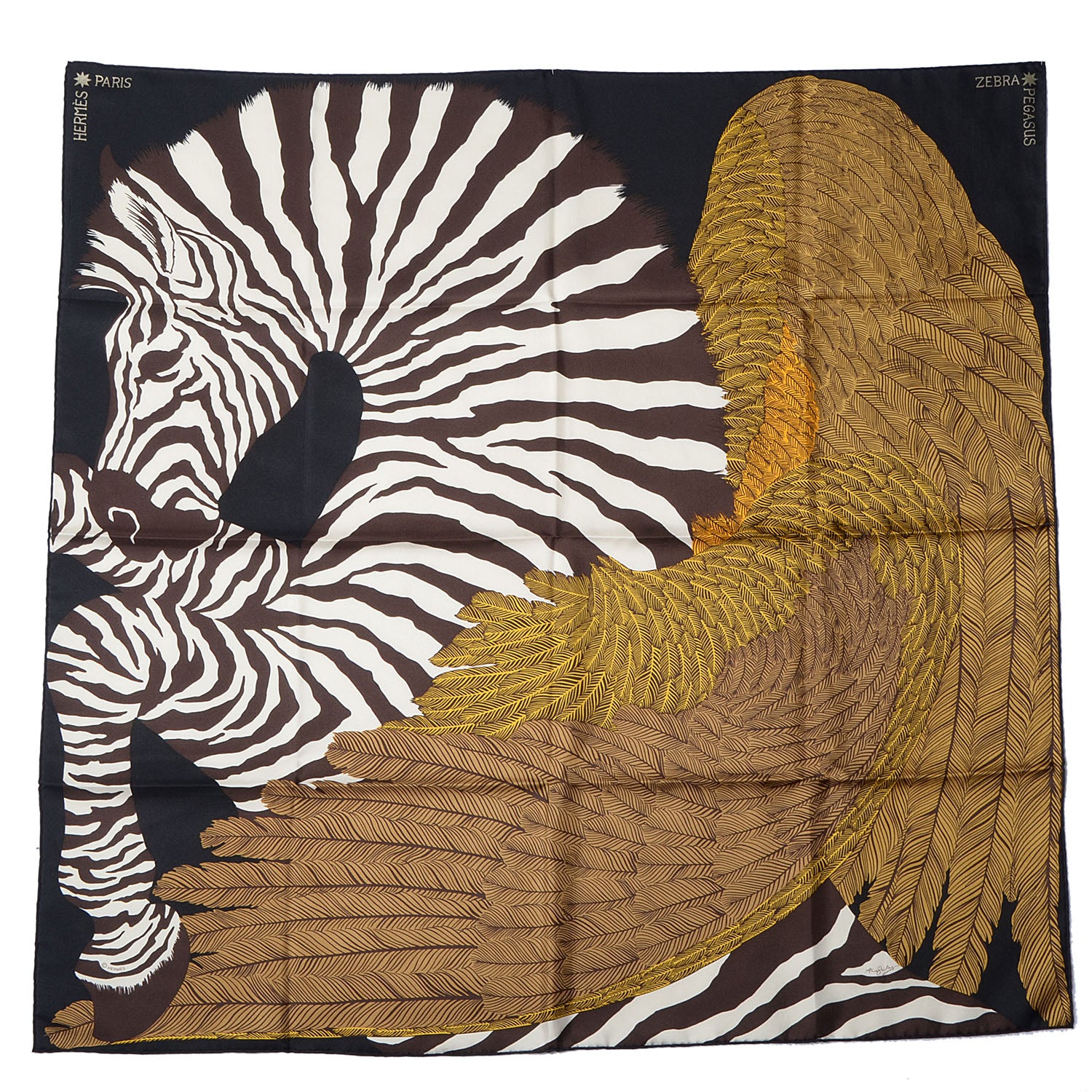 Hermes Silk Twill Zebra Pegasus Scarf 90 Noir Bronze Marron 2 of 6