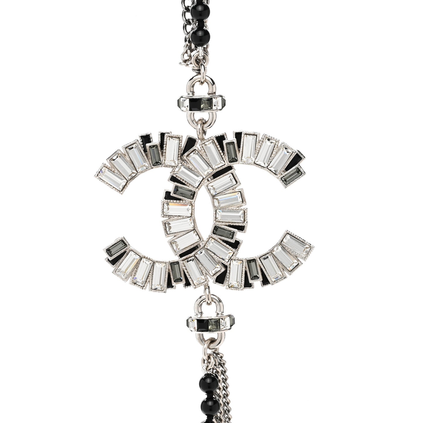 Metal Crystal Baguette Beaded CC Multi Strand Long Necklace Silver Black