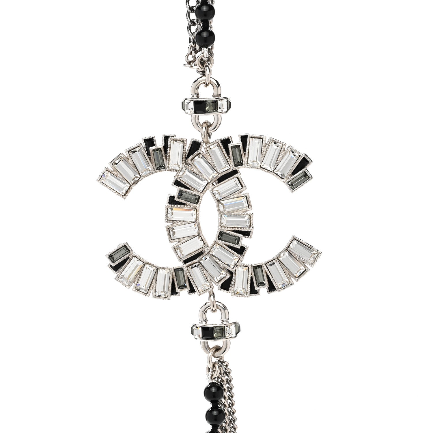 Chanel Metal Crystal Baguette Beaded CC Multi Strand Long Necklace Silver Black 4 of 7