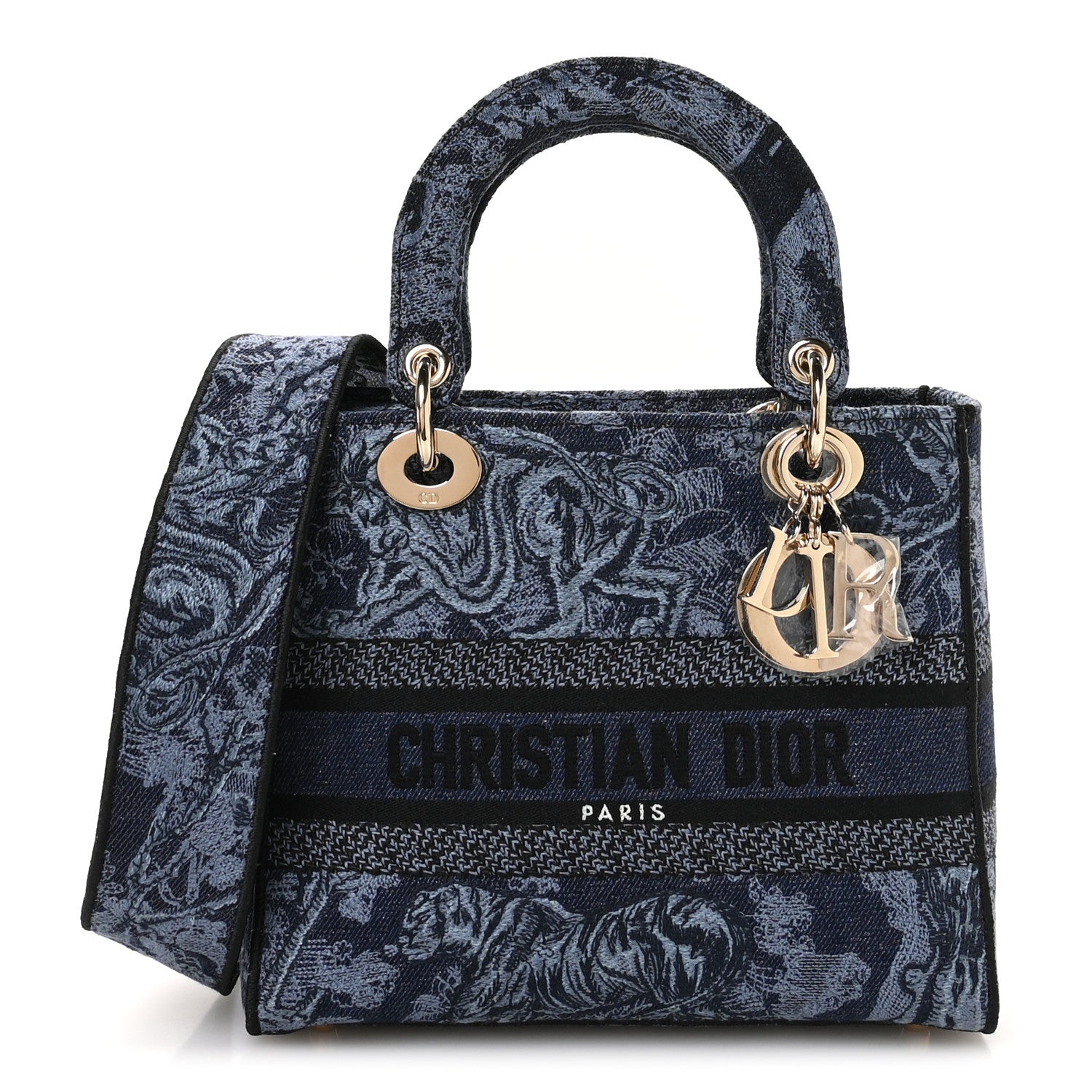 Christian Dior Canvas Toile De Jouy Reverse Embroidered Medium Lady D-Lite Navy Blue 1 of 11