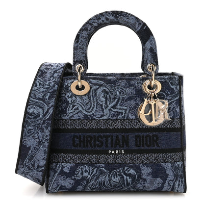Christian Dior Canvas Toile De Jouy Reverse Embroidered Medium Lady D-Lite Navy Blue 1 of 11