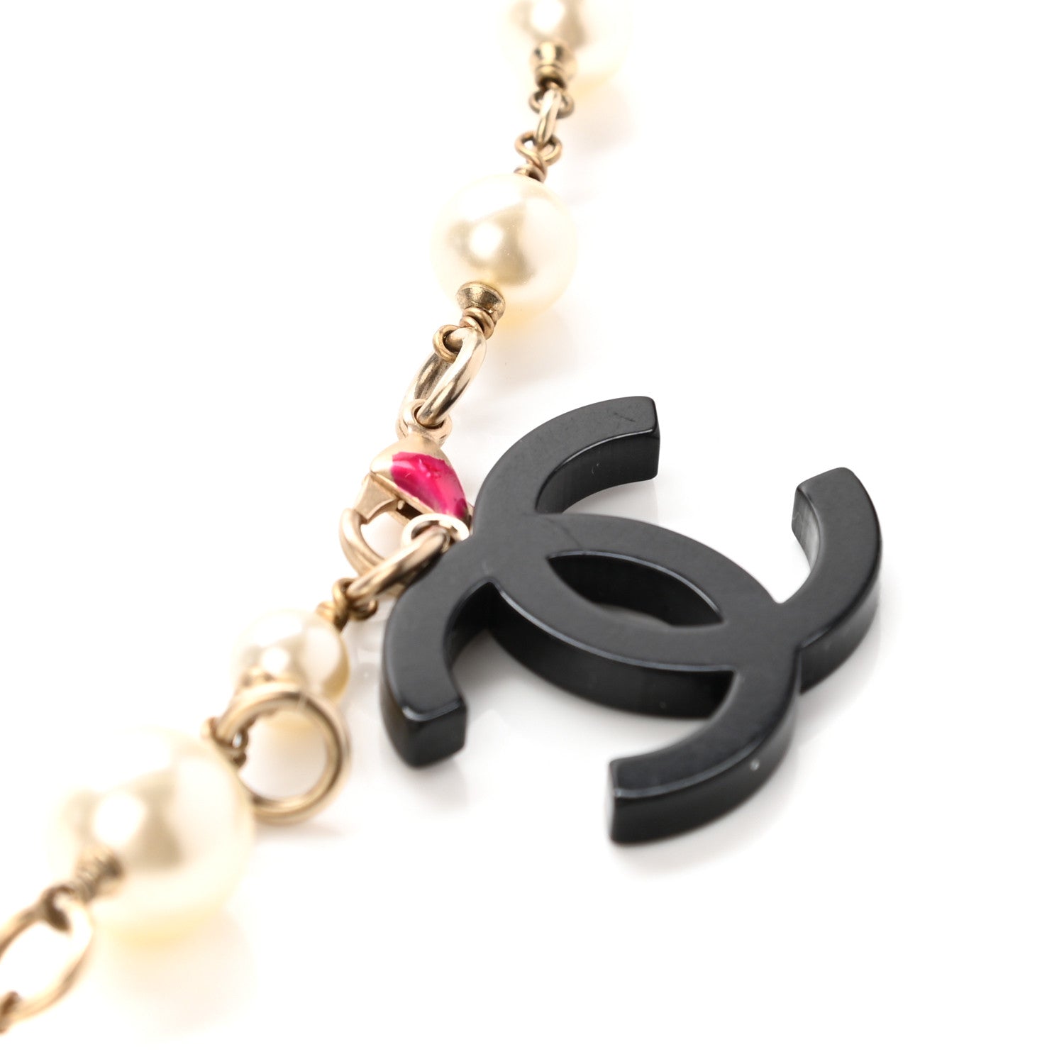 Chanel Pearl Resin Crystal CC Charm Necklace Gold Pink Black 3 of 9