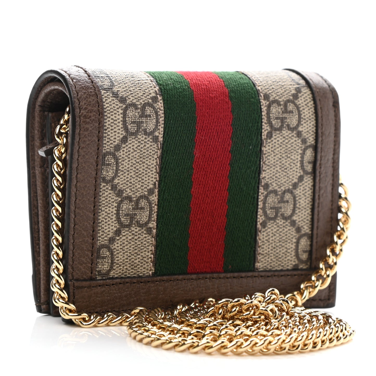 GG Supreme Monogram Web Ophidia Chain Card Case Wallet Beige New Acero