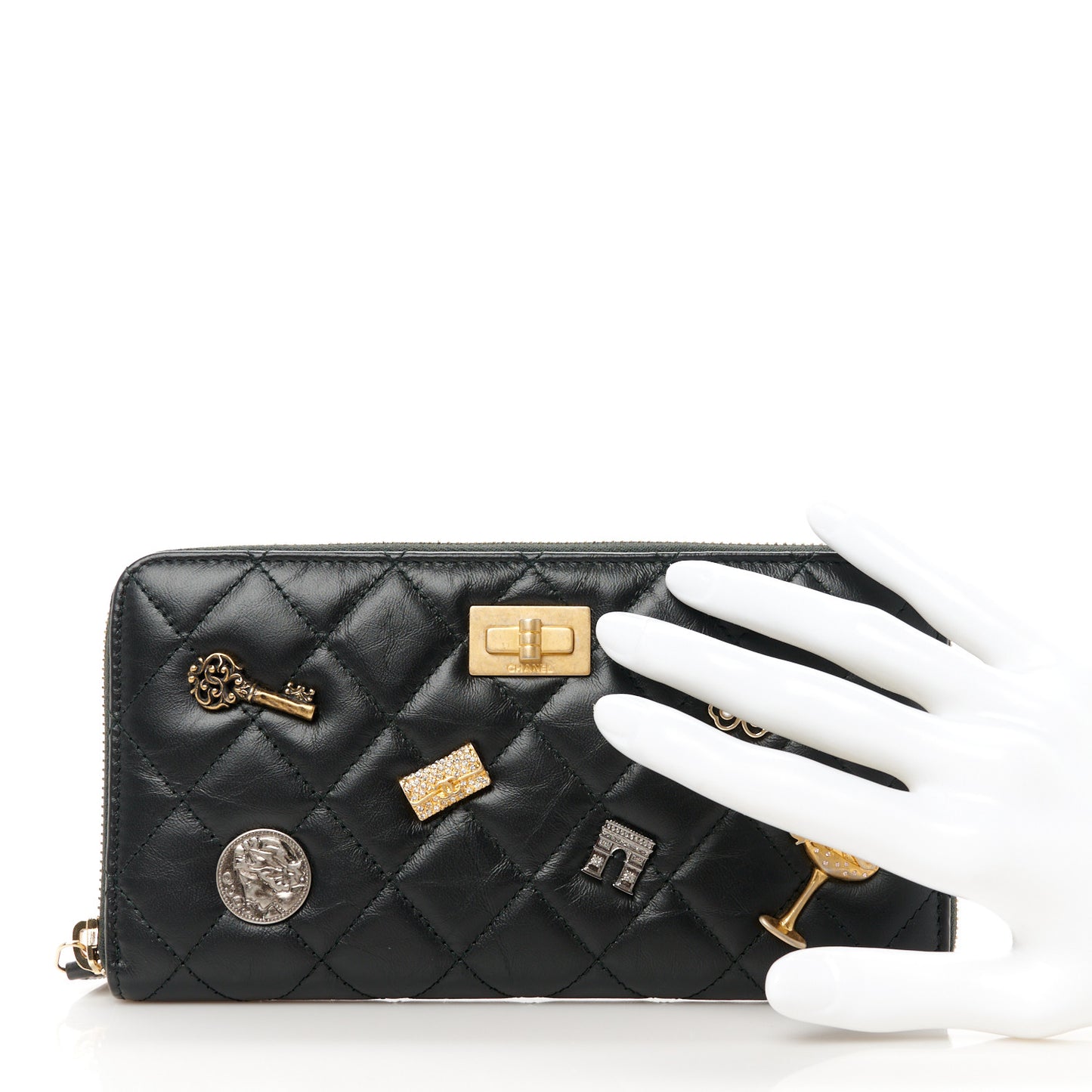 Aged Calfskin Quilted Lucky Charms 2.55 Reissue Zip Around Wallet Black
