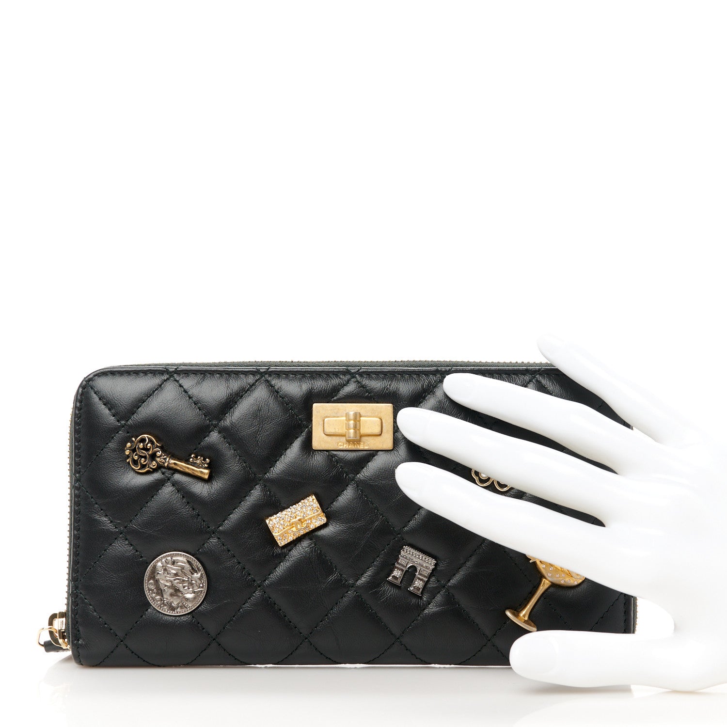 Chanel Aged Calfskin Quilted Lucky Charms 2.55 Reissue Zip Around Wallet Black 2 of 10