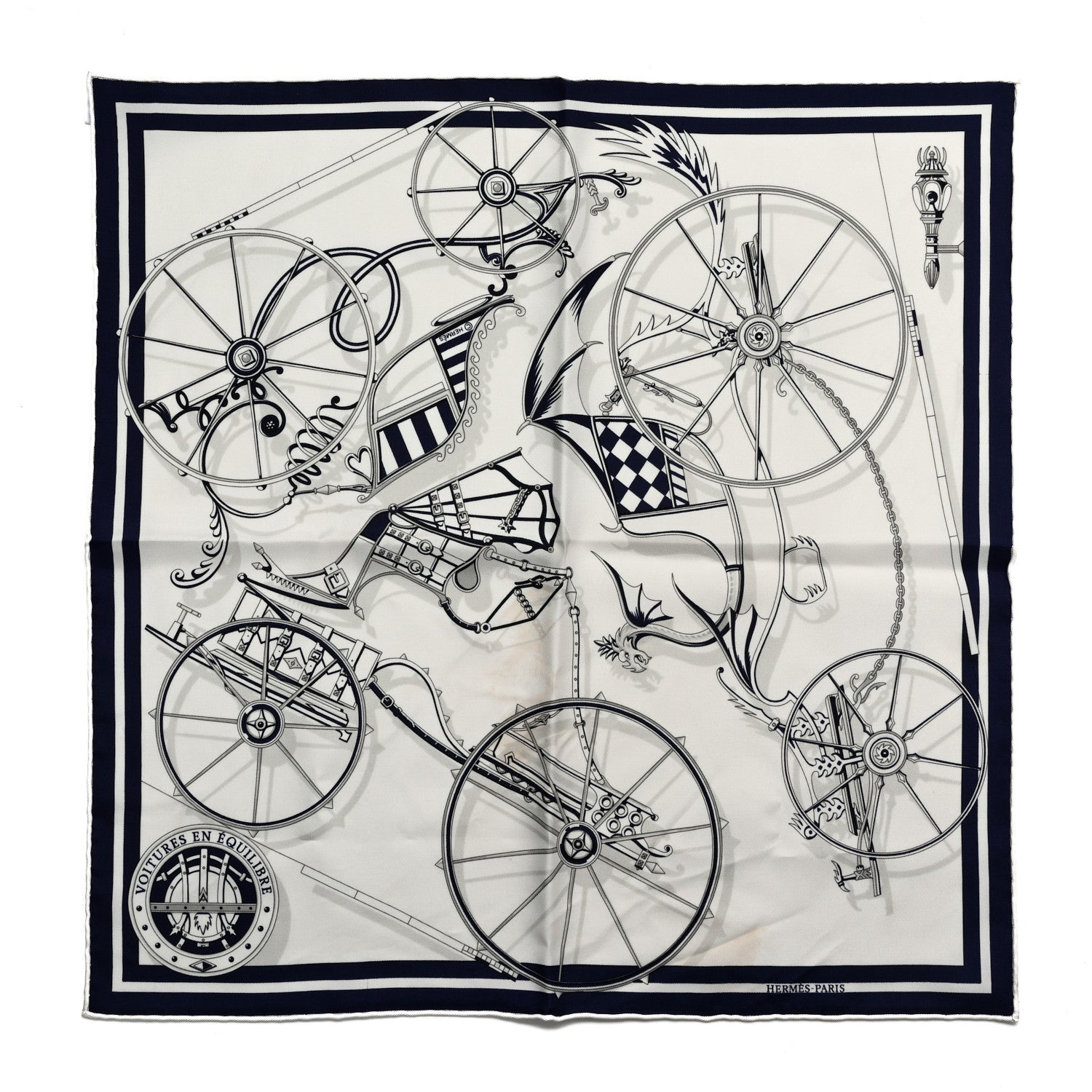 Hermes Silk Voitures en Equilibre Scarf 45 White Marine Gris 1 of 4