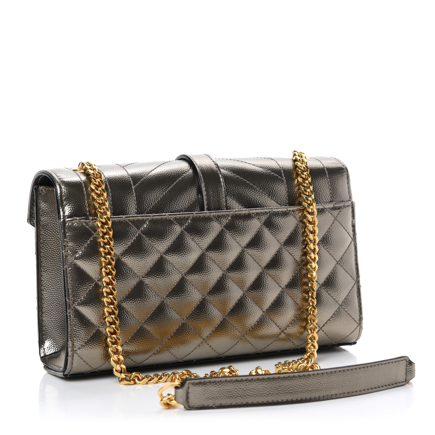 Saint Laurent Metallic Grain De Poudre Textured Mixed Matelasse Triquilt Small Monogram Satchel Piombo 3 of 9