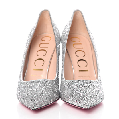 Gucci Nappa Silk Glitter Removable Crystal Heart Pumps 39.5 Argento 4 of 14