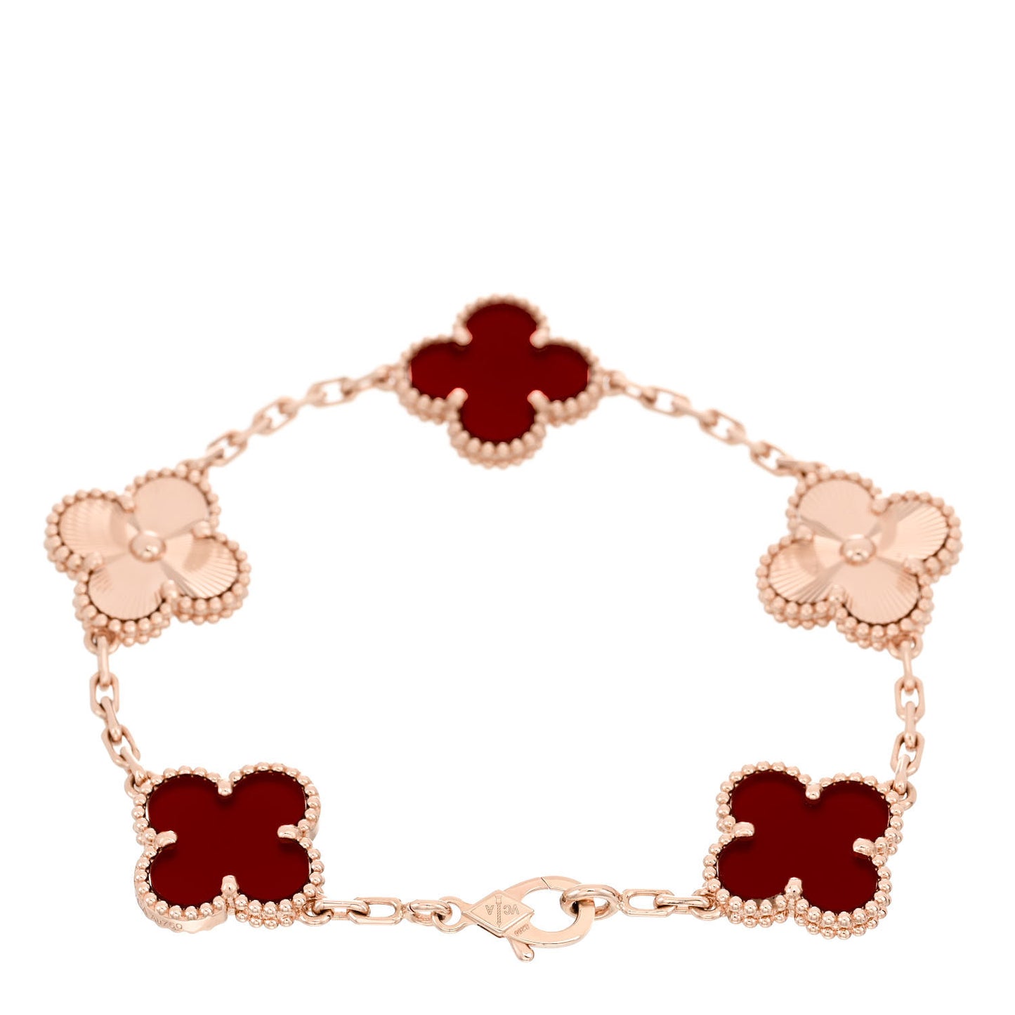 18K Rose Gold Carnelian 5 Motifs Guilloche Vintage Alhambra Bracelet