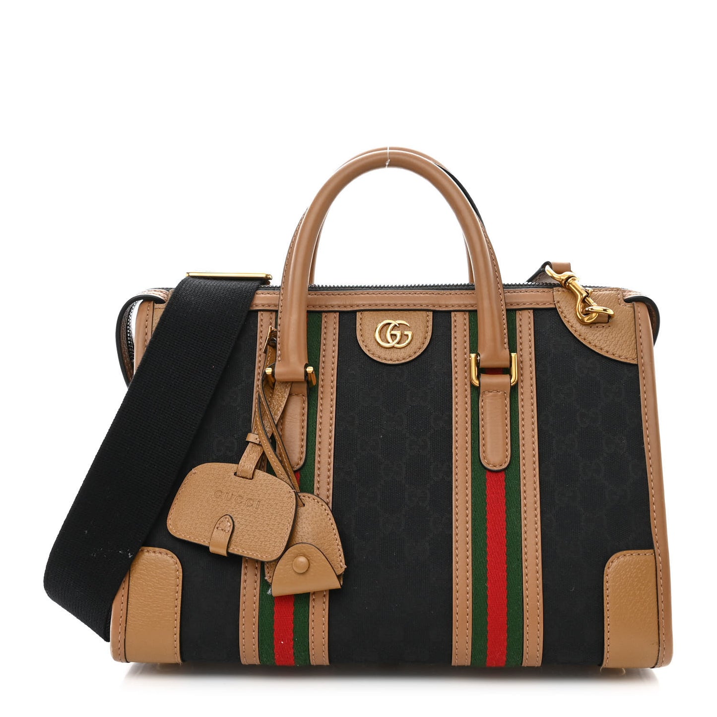 Monogram Textured Dollar Calfskin Web Medium Bauletto Duffle Top Handle Bag Black Koi Beige