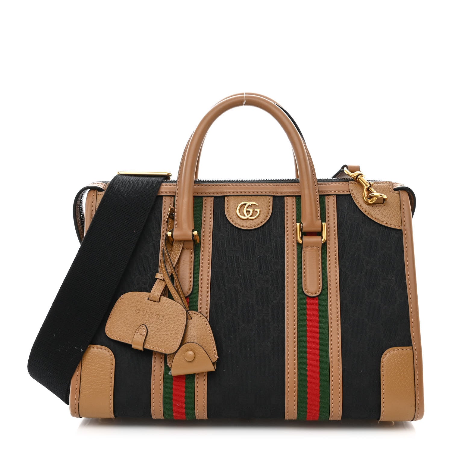 Gucci Monogram Textured Dollar Calfskin Web Medium Bauletto Duffle Top Handle Bag Black Koi Beige 1 of 15