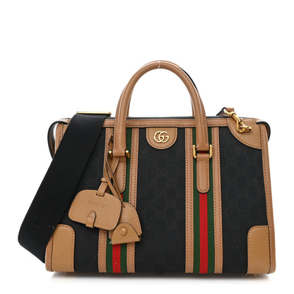 Gucci Monogram Textured Dollar Calfskin Web Medium Bauletto Duffle Top Handle Bag Black Koi Beige 1 of 15