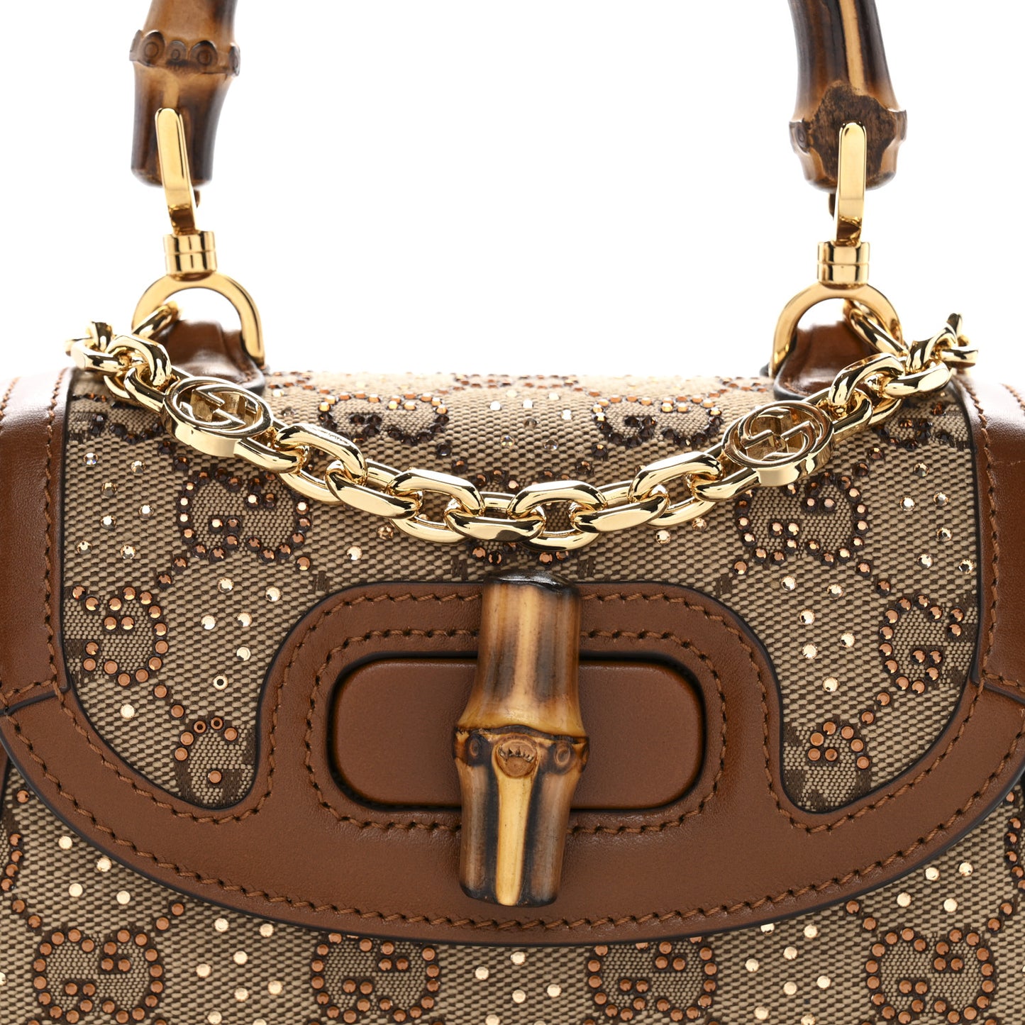 New Canvas Charisma Calfskin Crystal GG Monogram Small Bamboo 1947 Top Handle Bag Camel Ebony