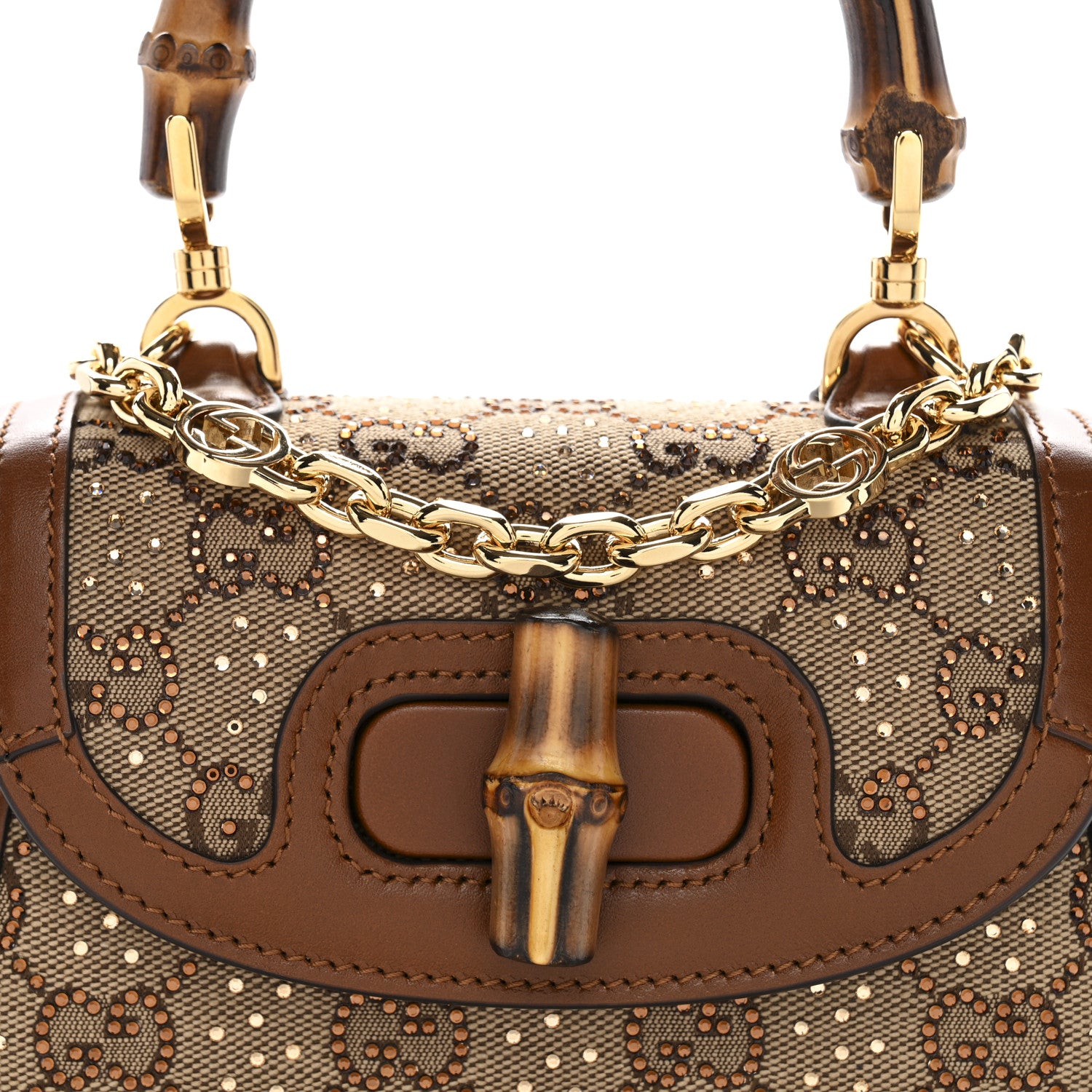 Gucci New Canvas Charisma Calfskin Crystal GG Monogram Small Bamboo 1947 Top Handle Bag Camel Ebony 8 of 10