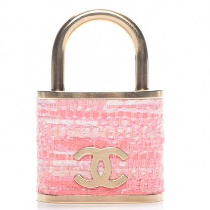 Chanel Tweed CC Oversized Padlock Pin Brooch Pink Gold 1 of 4