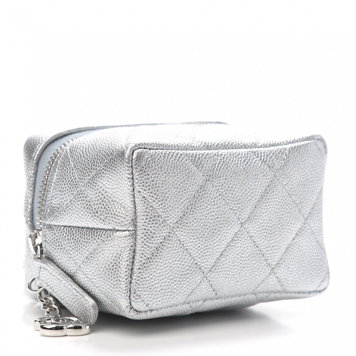 Metallic Caviar Quilted Mini Top Handle Vanity With Chain Silver