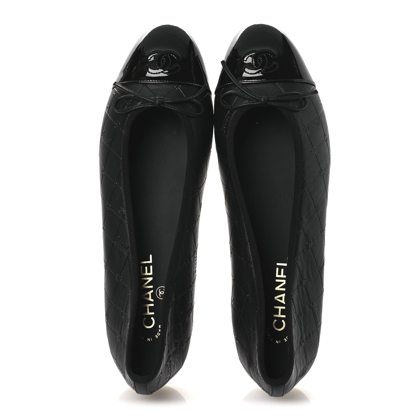 Printed Lambskin Patent Cap Toe Ballerina Flats 42 Black