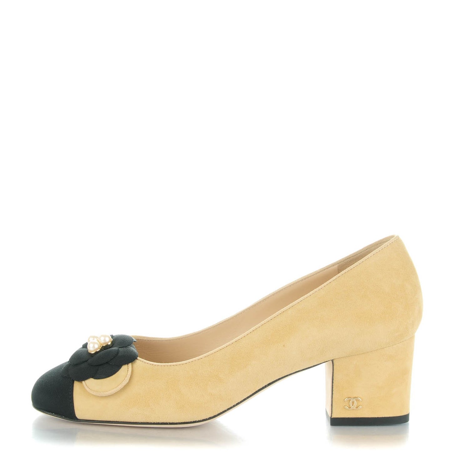 Suede Grosgrain Pearl Camellia Cap Toe Pumps 37.5 Beige Black
