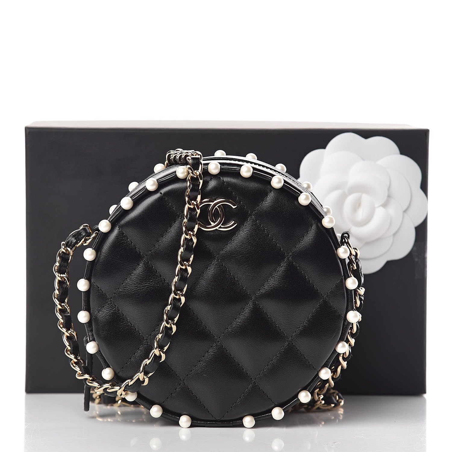 Chanel Calfskin Quilted Pearl Round Clutch With Chain Black 11 of 11