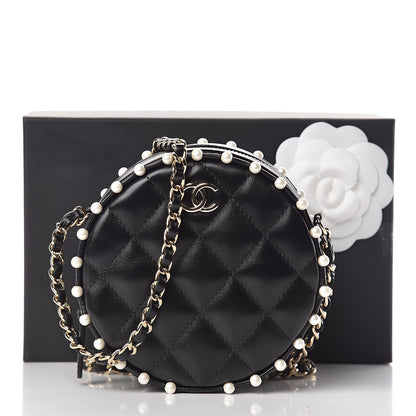 Chanel Calfskin Quilted Pearl Round Clutch With Chain Black 11 of 11