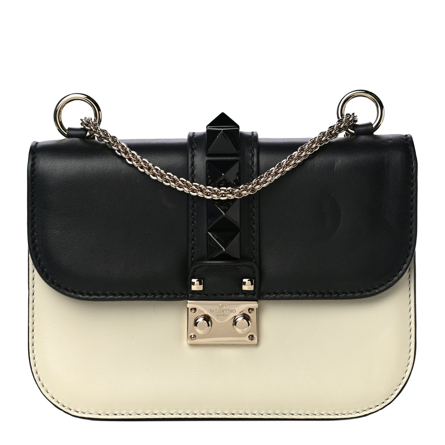 Vitello Small Glam Lock Rockstud Flap Black Light Ivory