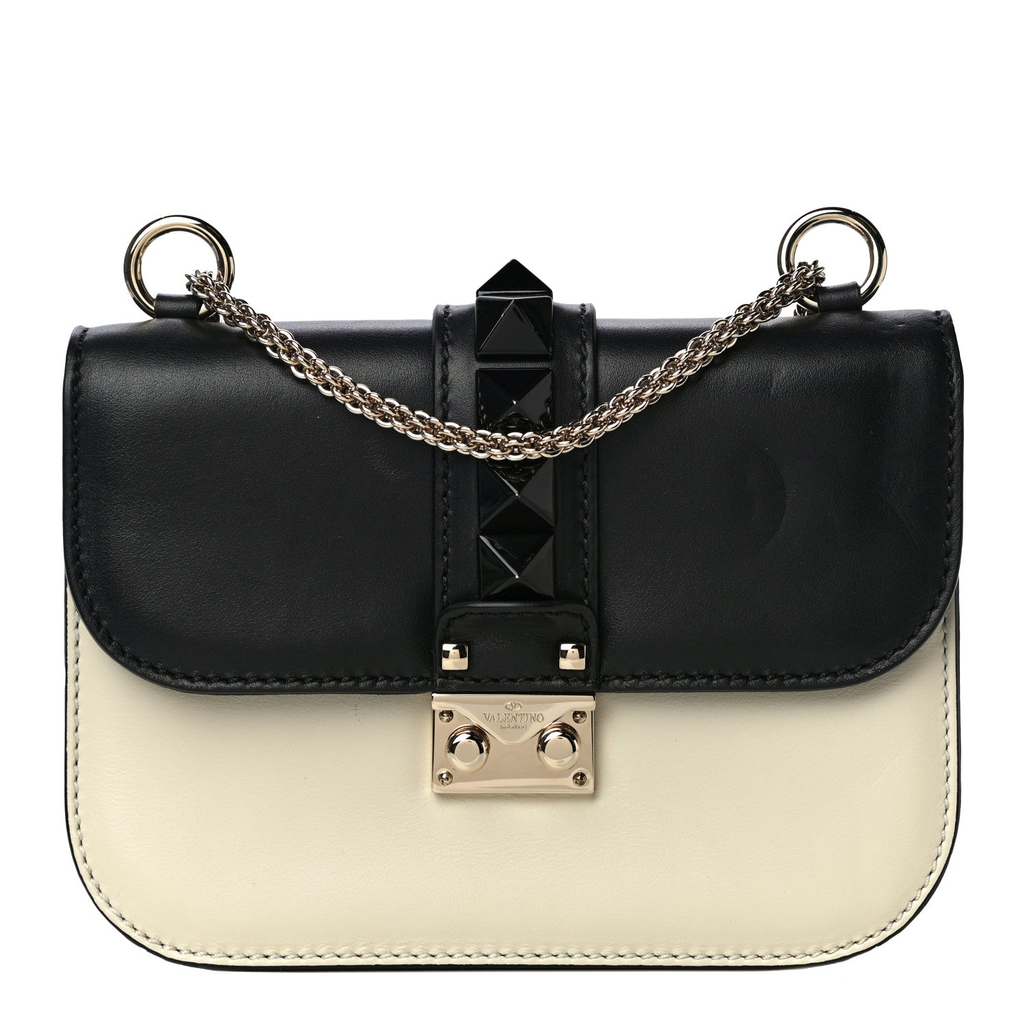 Valentino Garavani Vitello Small Glam Lock Rockstud Flap Black Light Ivory 1 of 17