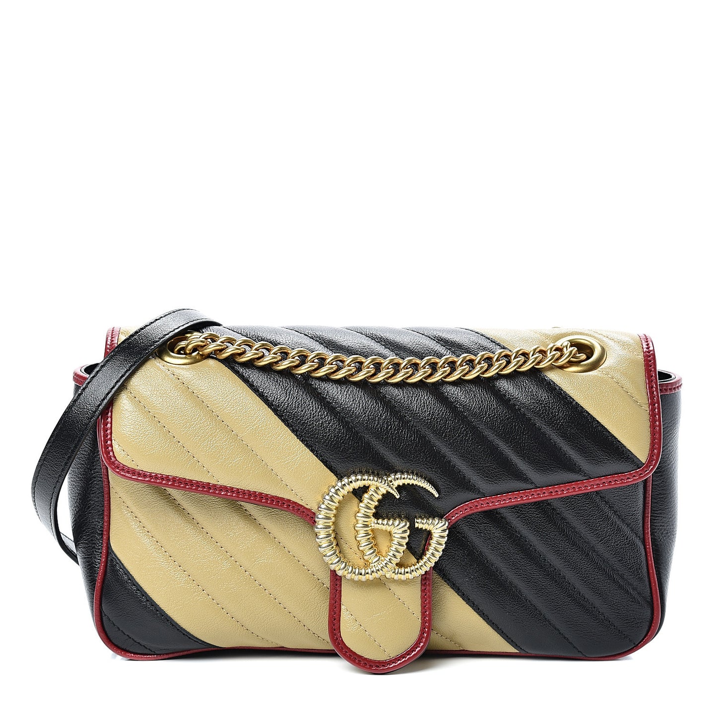 Vintage Effect Calfskin Matelasse Diagonal Striped Small Torchon GG Marmont Shoulder Bag Black Beige