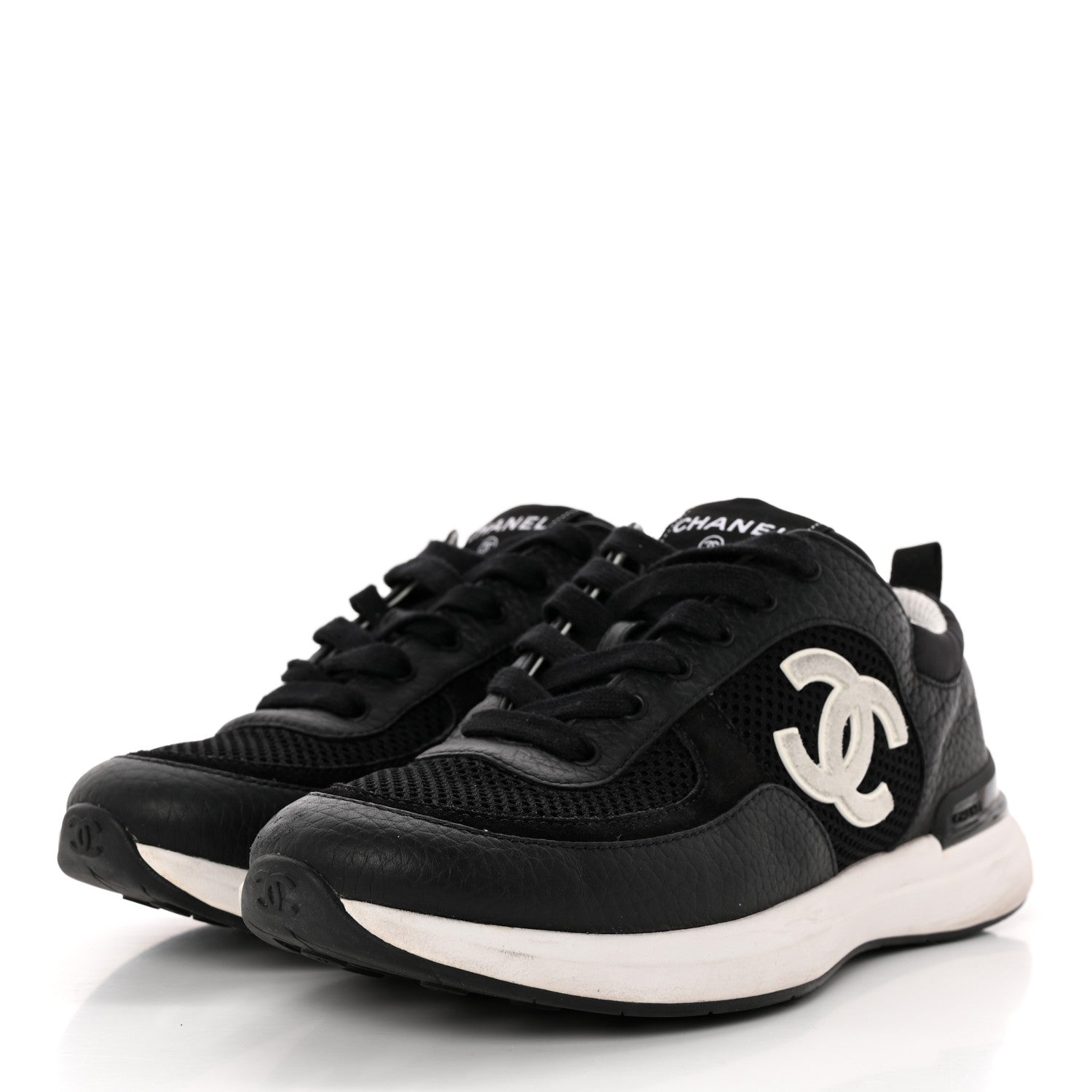 Chanel Calfskin Mesh Lycra Suede Womens Logo Sneakers 37 Black 3 of 11
