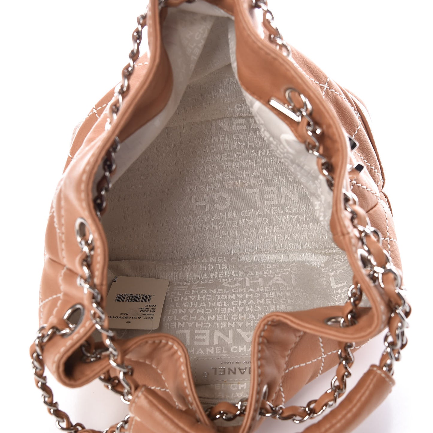 Lambskin Contrast Stitch Small Drawstring Tote Camel
