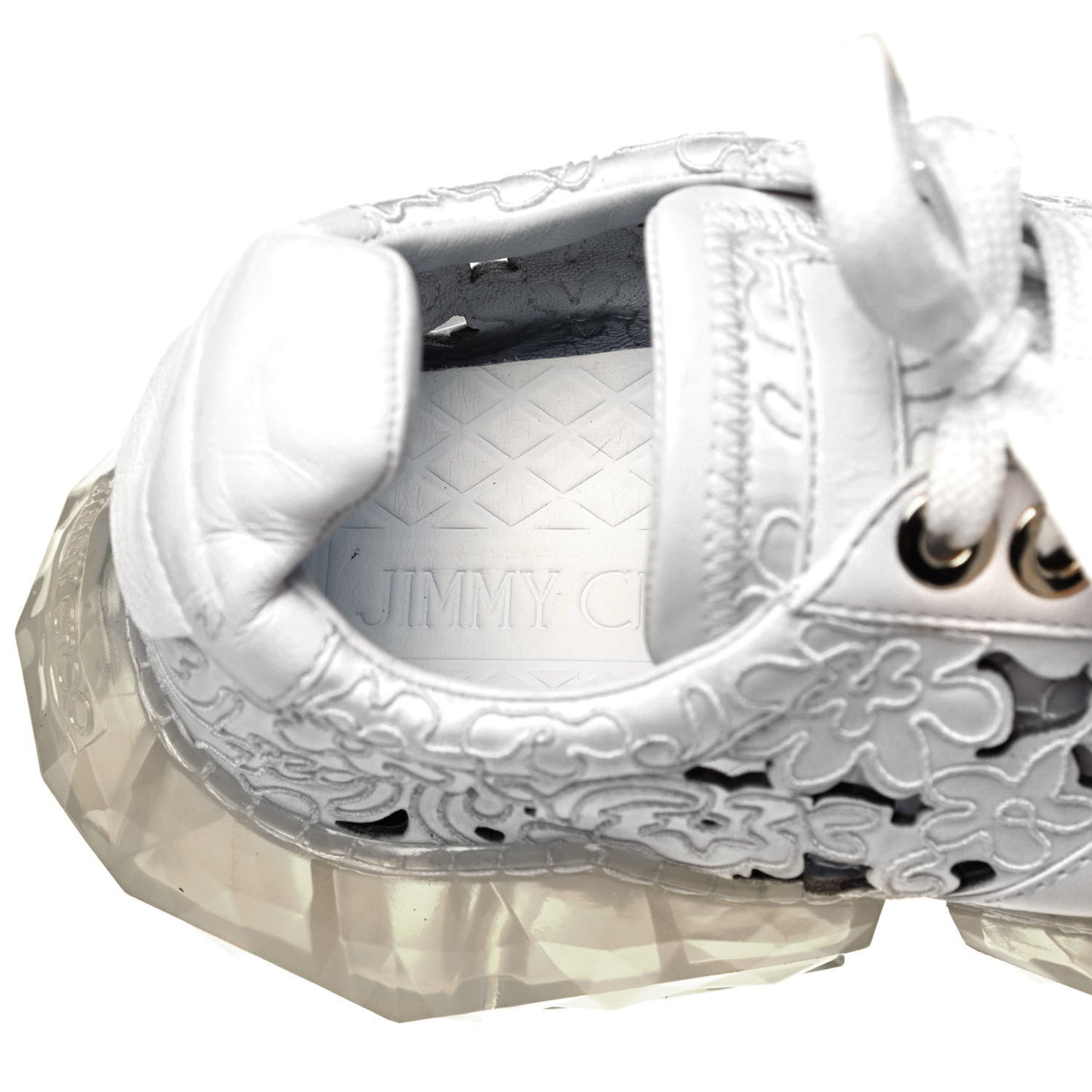 Calfskin Womens Cut Out Embroidered Diamond Low Top Sneaker 38 White