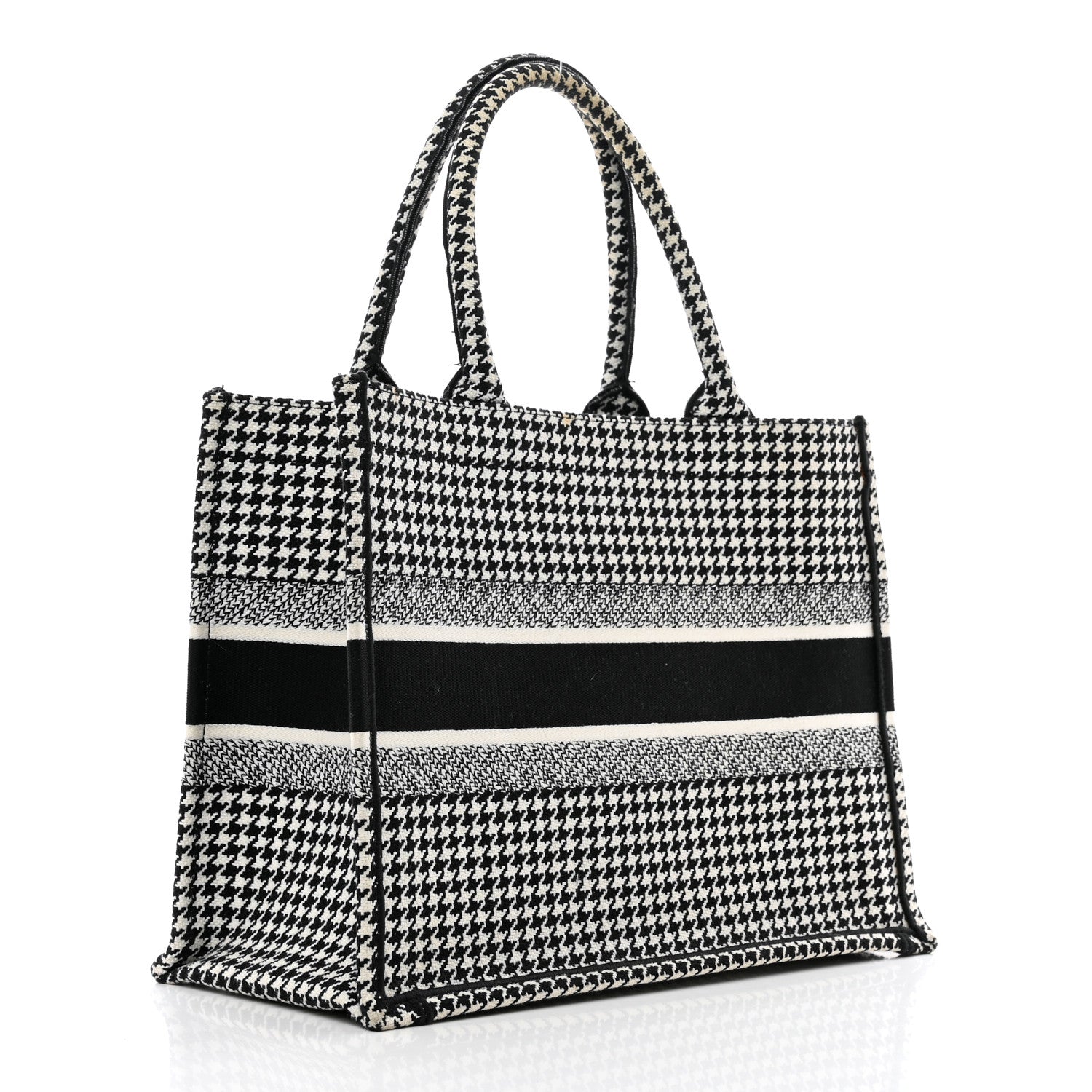 Christian Dior Canvas Houndstooth Embroidered Medium Book Tote Black White 3 of 10