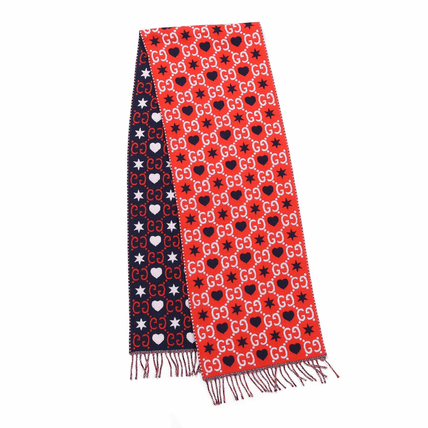 Gucci Wool Jacquard GG Monogram Hearts Scarf Red Blue 2 of 4
