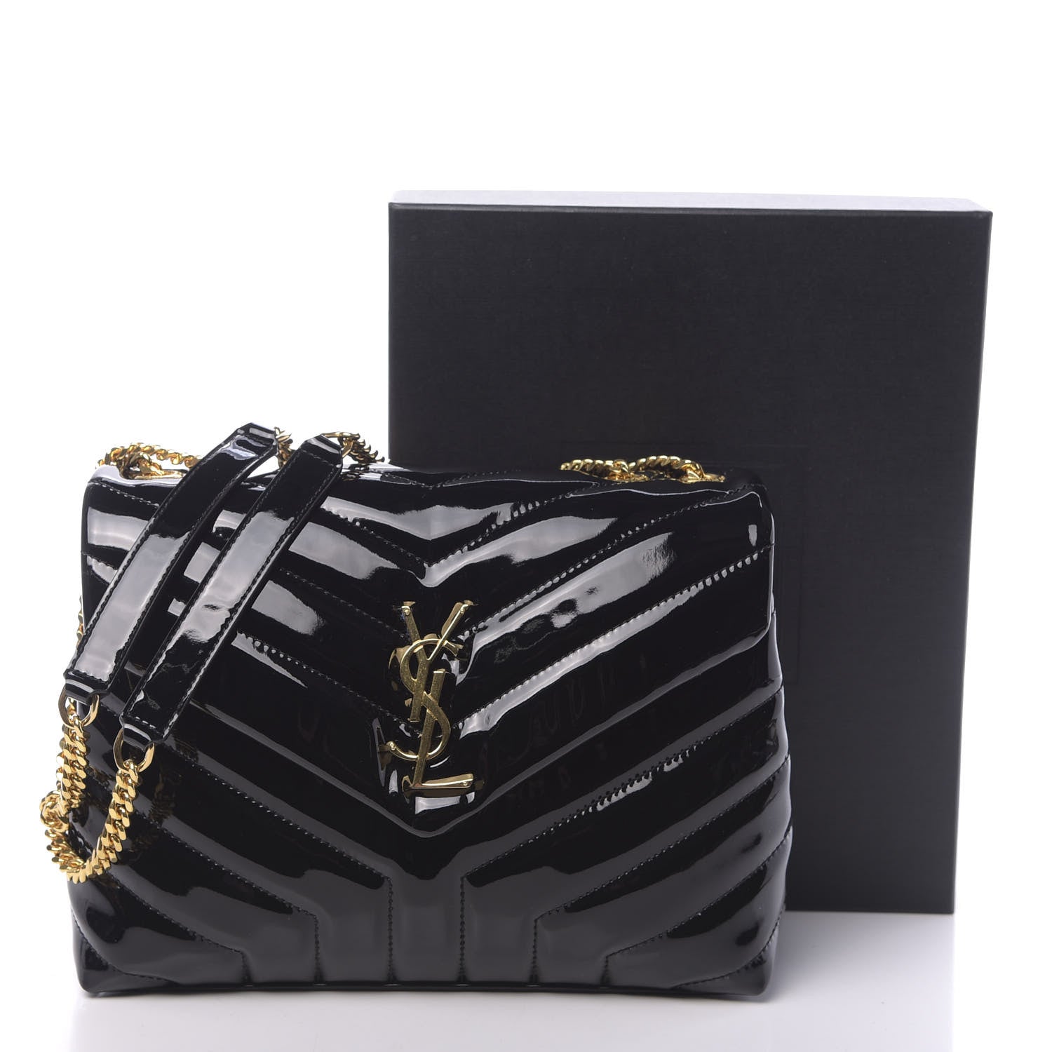 Saint Laurent Patent Y Quilted Monogram Small Loulou Chain Satchel Black 10 of 10