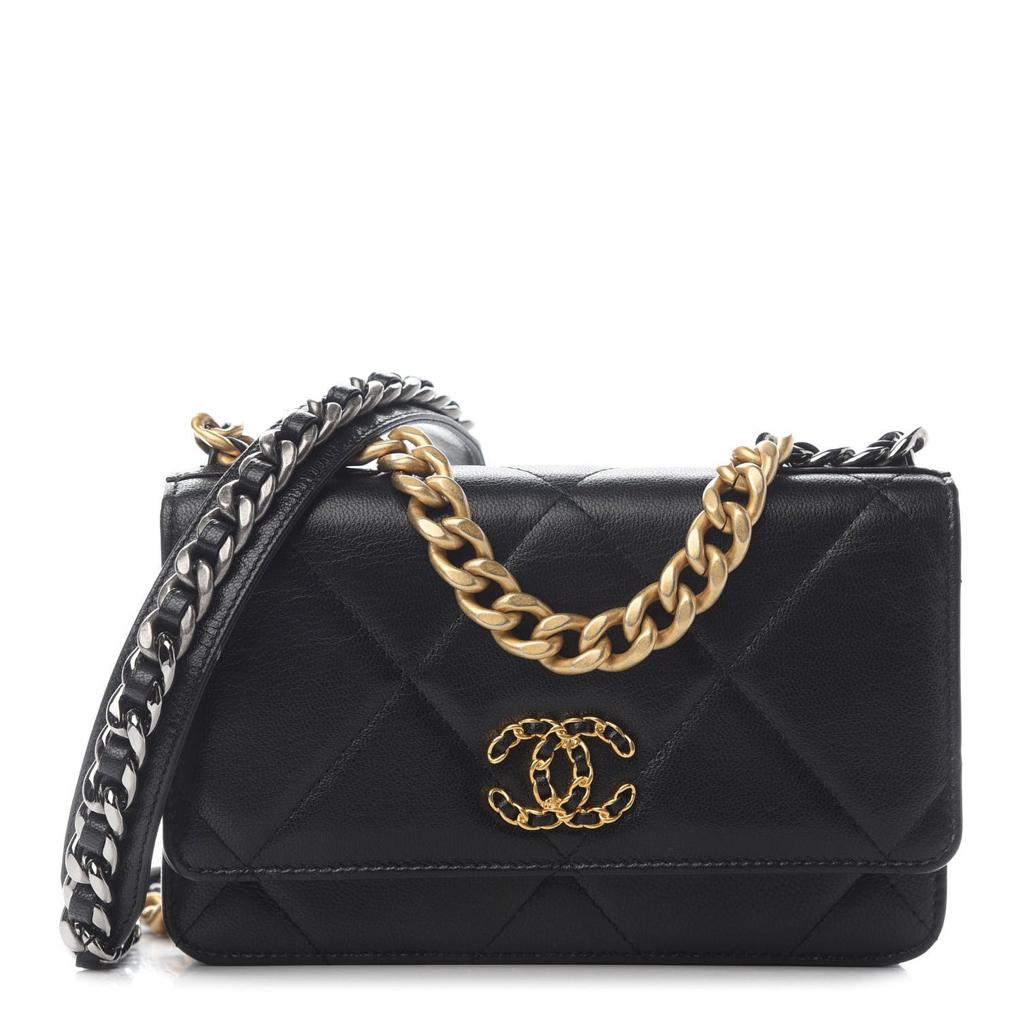 Shiny Goatskin Quilted Chanel 19 Wallet On Chain WOC Black