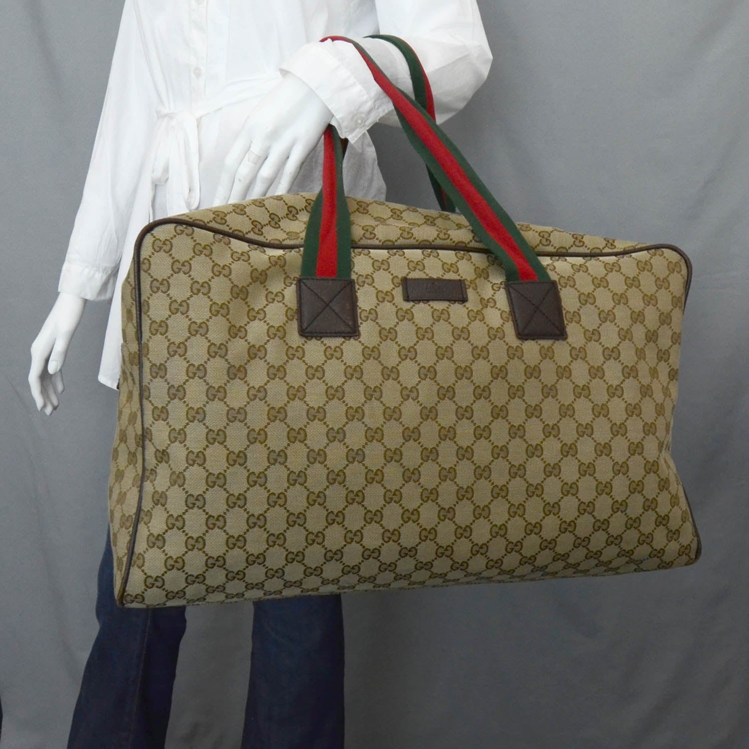 Gucci GG Monogram Web Large Collapsible Carry On Duffle Beige Brown 2 of 11