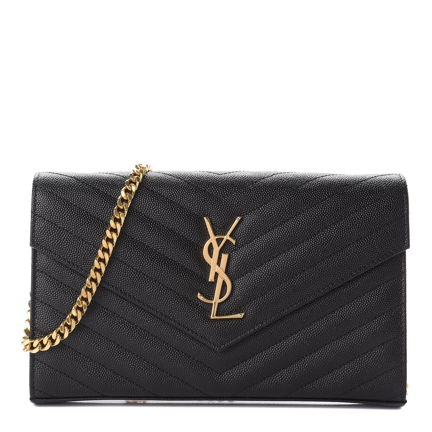 Saint Laurent Grain De Poudre Matelasse Chevron Monogram Chain Wallet Black 1 of 10