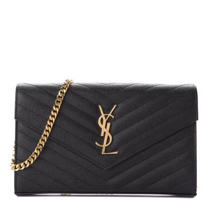 Saint Laurent Grain De Poudre Matelasse Chevron Monogram Chain Wallet Black 1 of 10