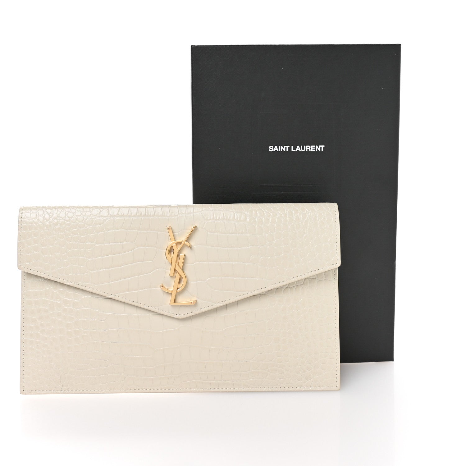 Saint Laurent Calfskin Crocodile Embossed Uptown Monogram Pouch Crema Soft 8 of 9