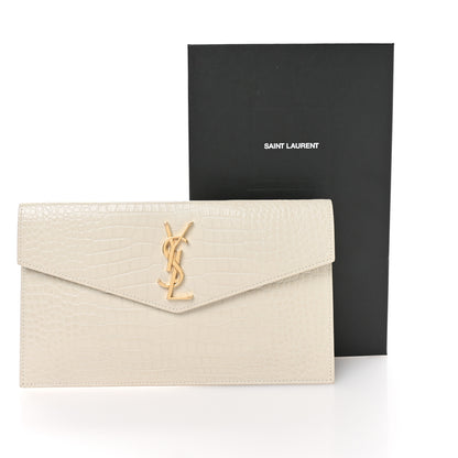 Saint Laurent Calfskin Crocodile Embossed Uptown Monogram Pouch Crema Soft 8 of 9