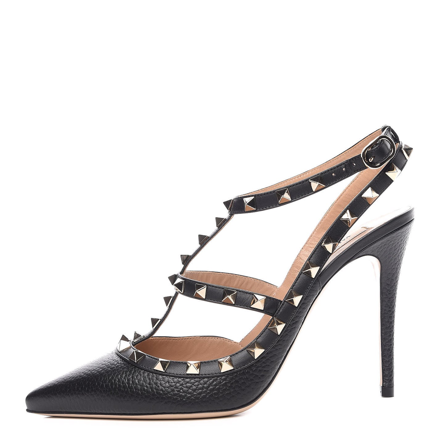 Pebbled Calfskin Rockstud Ankle Strap 100mm Pumps 40.5 Black