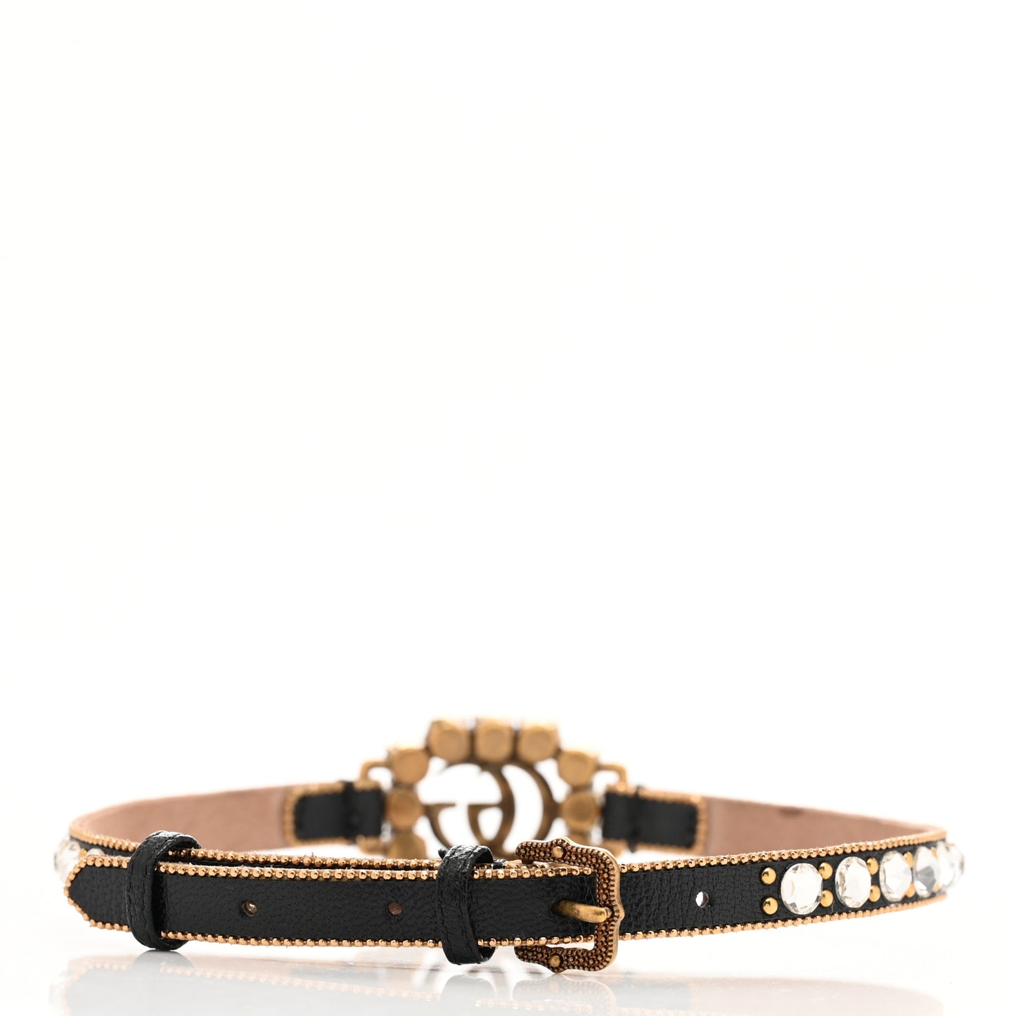Calfskin Crystal Embellished Double G Choker Necklace Black