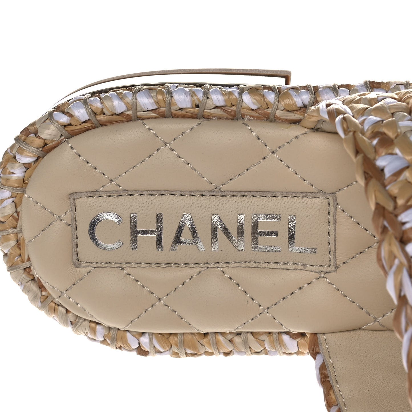 Raffia Lambskin Woven Chain CC Toe Ring Sandals 38 Beige White