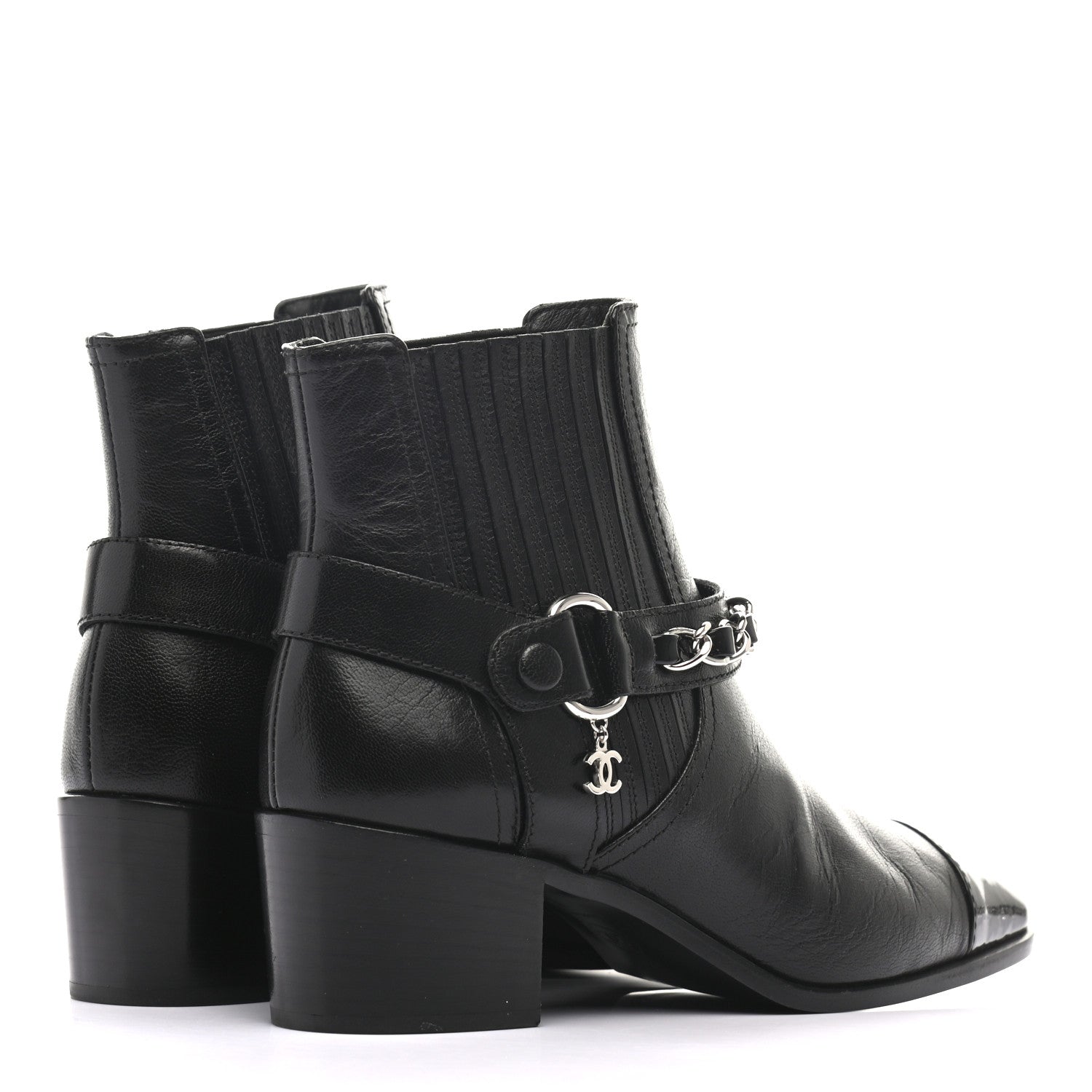 Chanel Goatskin Patent CC Cap Toe Chain Boots 36 Black 4 of 11