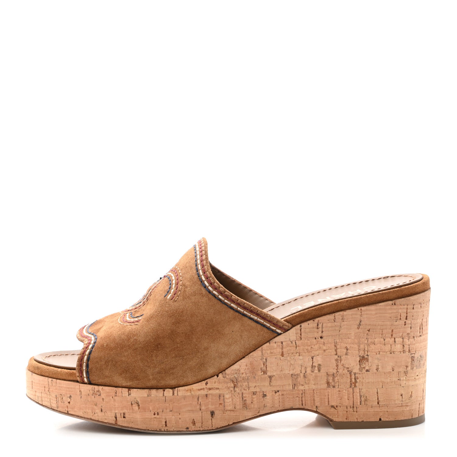 Chanel Suede Calfskin Cork CC Wedge Sandal 39.5 Brown 1 of 8