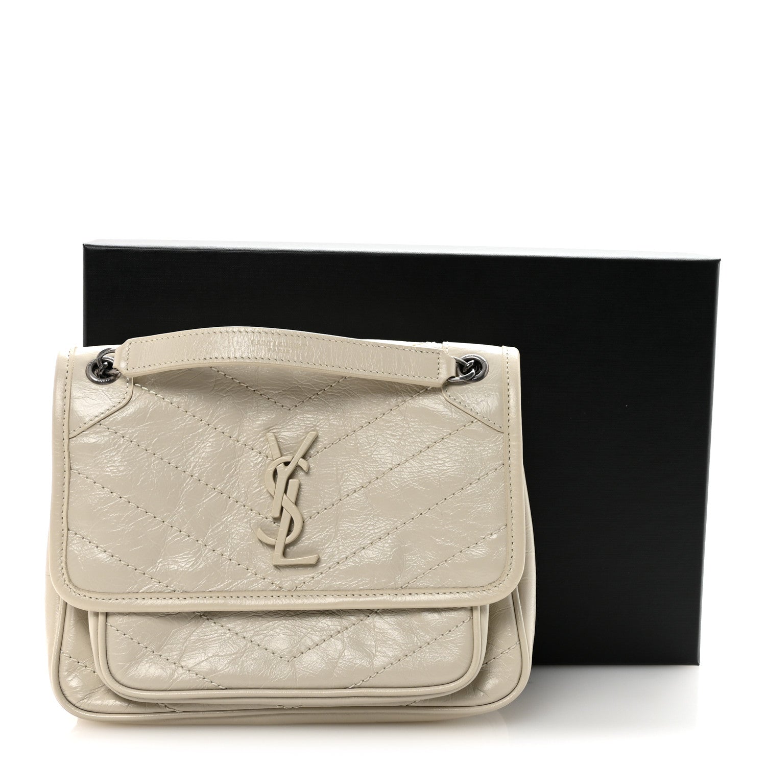 Saint Laurent Crinkled Calfskin Matelasse Monogram Baby Niki Chain Satchel Ivory 10 of 10