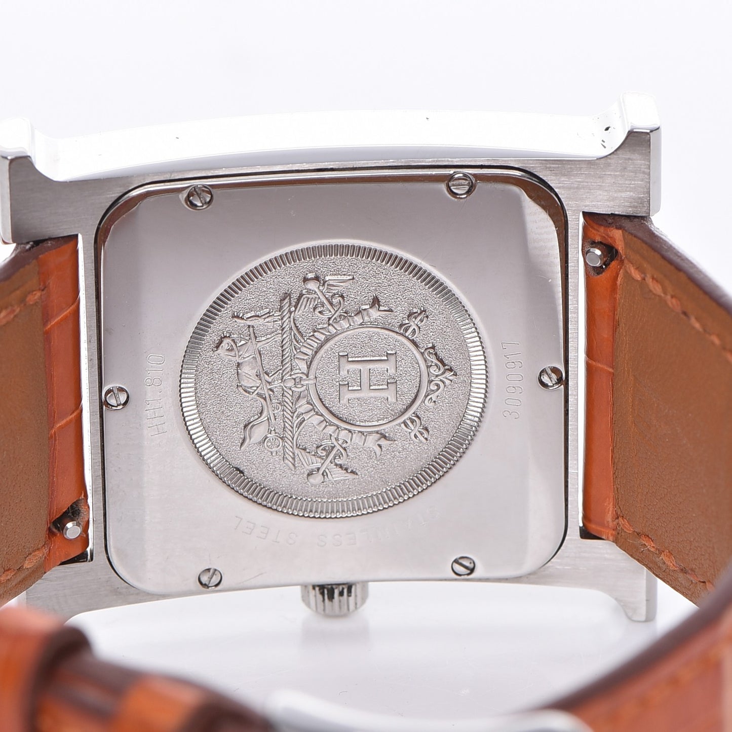 Sterling Silver Alligator Diamond Mother of Pearl 30.5mm Heure H Hour Quartz Watch Orange