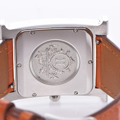 Hermes Sterling Silver Alligator Diamond Mother of Pearl 30.5mm Heure H Hour Quartz Watch Orange 5 of 13