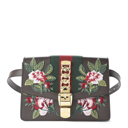 Gucci Calfskin Embroidered Sylvie Belt Bag 85 34 Brown 2 of 11